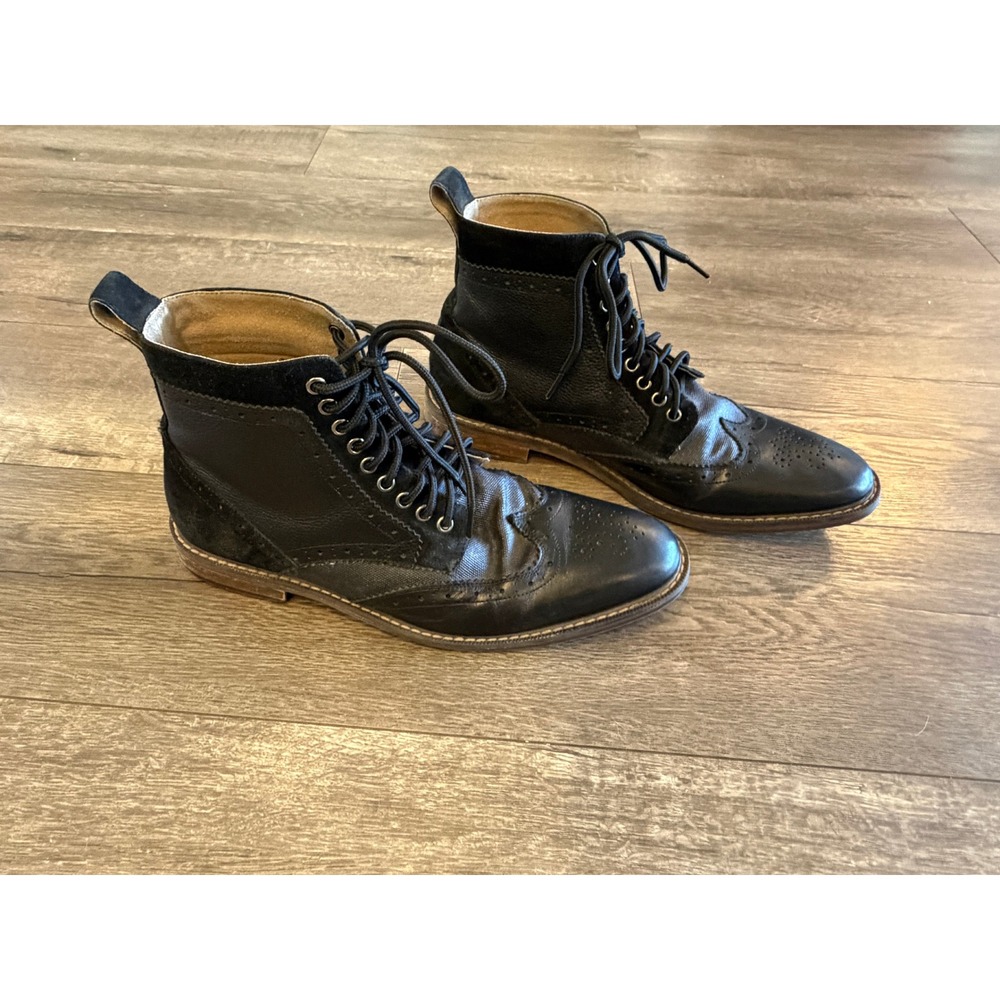 Stacy Adams Black Leather Wingtip Brogue Lace Up Dress Boots Mixed Media Mens